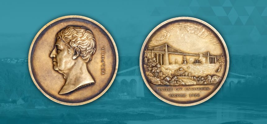 two sides of a golden coin, the Telford Gold Medal, blue background which shows the Menai Bridge